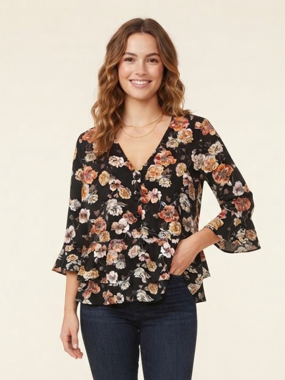 Black Floral V-Neck Peplum Blouse